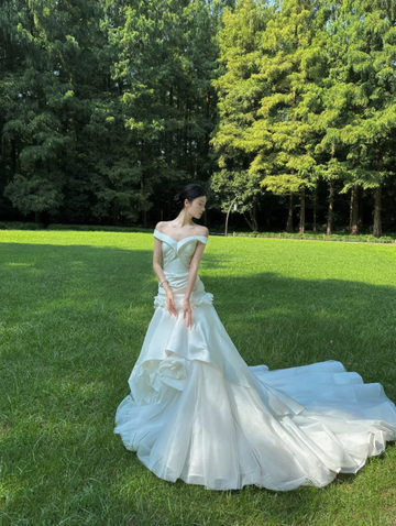 Pretty Mermaid Off the Shoulder White Floral Satin Tulle Long Prom Dress Wedding Dress HZ1023